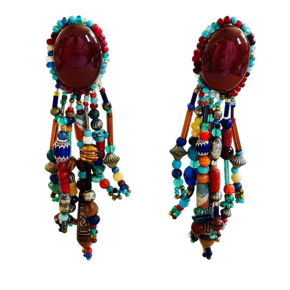 VTG BOHO Earrings Glass Agate Beaded Dangle Statement Waterfall Pierced Runway